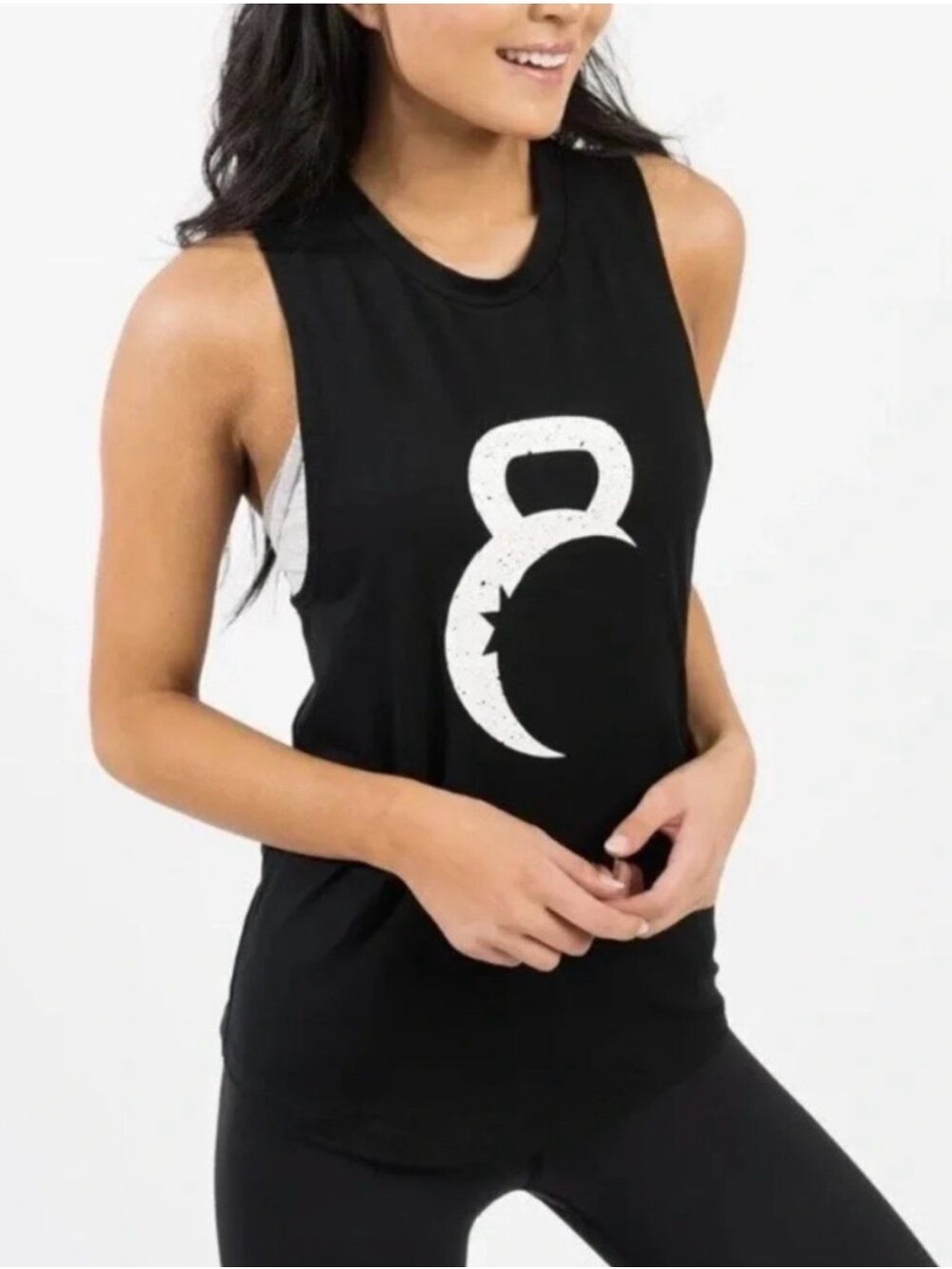 ZYIA Black Muscle Tank with White Kettlebell Crescent Graphic